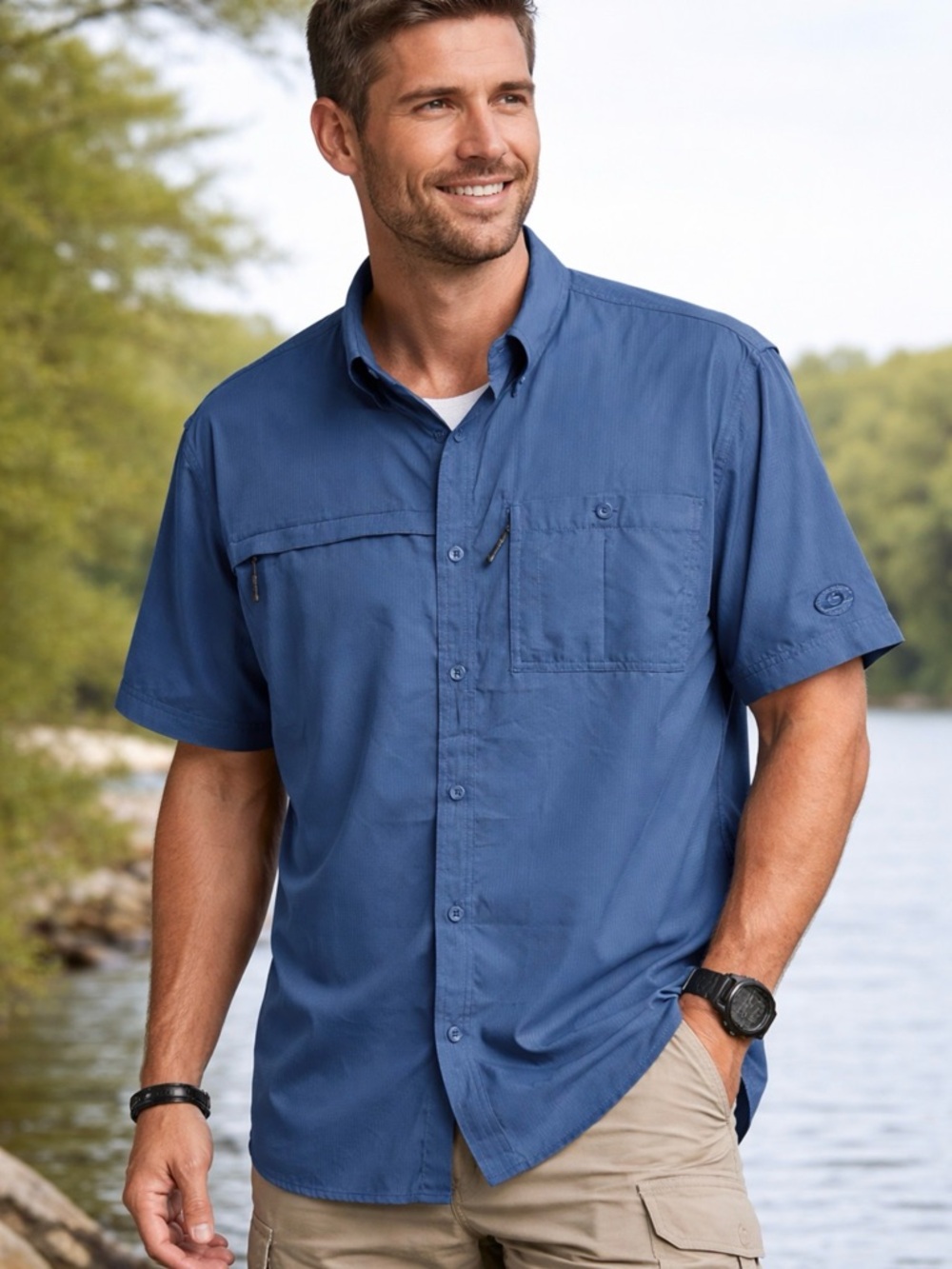 Drake Men's Short-Sleeve Button-Down Shirt in Blue